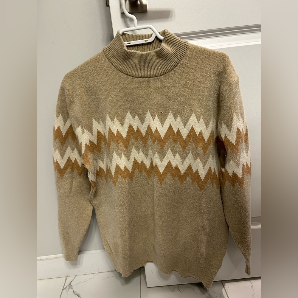 Men's Beige and White Turtleneck Sweater
